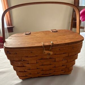 Longaberger 1993 Signed Brown Woven Wooden Picnic Basket with Handle